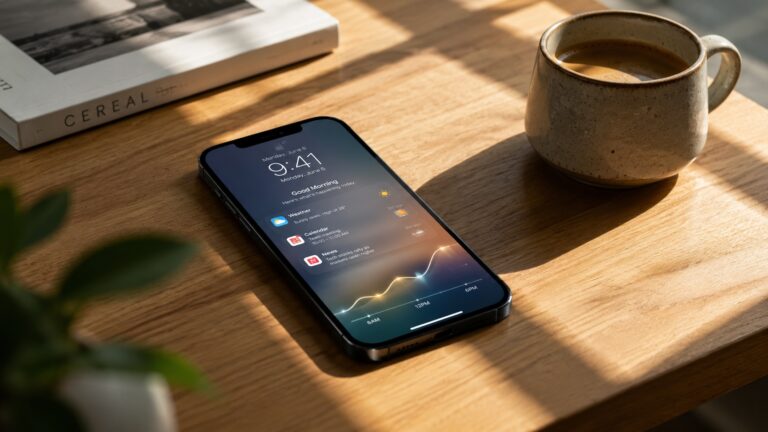 Смартфон на деревянном столе рядом с чашкой кофе отображает экран блокировки с графиком активности и утренними уведомлениями, символизируя цифровую медицину и экономику внимания.