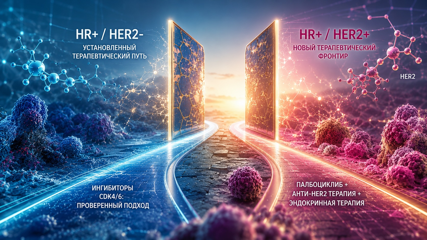 Концептуальная иллюстрация расширения применения палбоциклиба Pfizer при HR-положительном HER2-положительном раке молочной железы с визуализацией нового терапевтического направления.