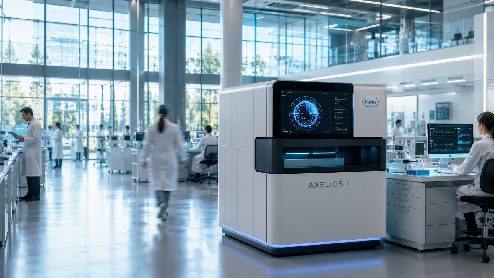 Современный центр геномных исследований с платформой Roche Axelios для секвенирования нового поколения, отражающий развитие молекулярной диагностики и рынка NGS.