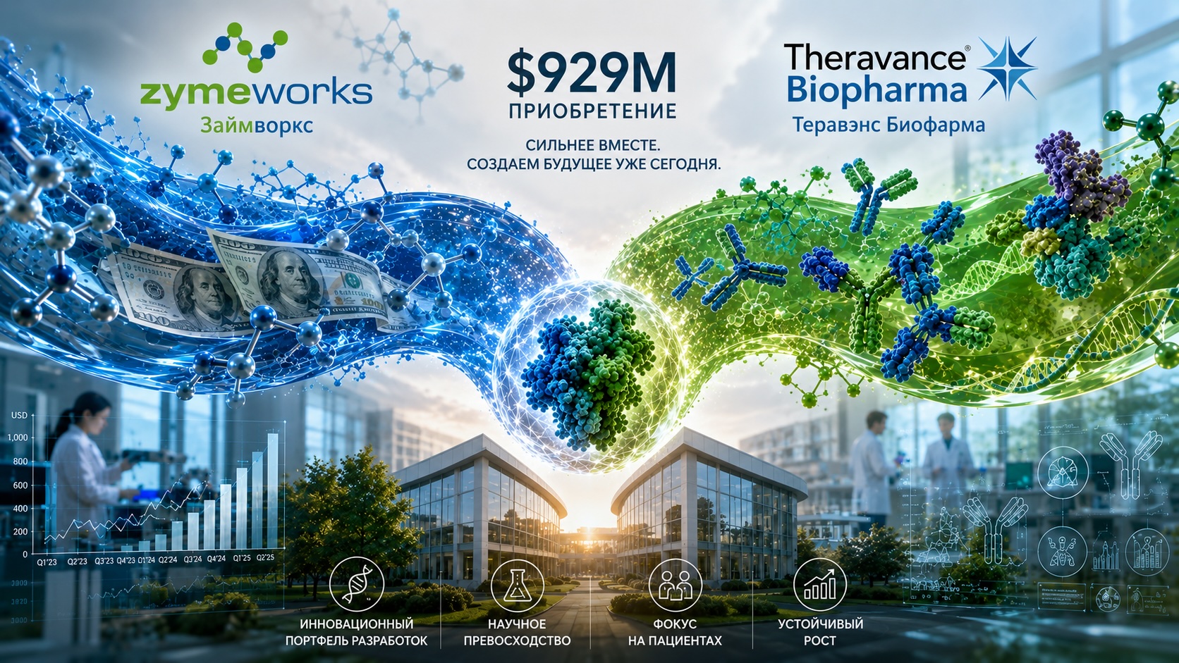 Визуальная метафора приобретения Theravance Biopharma компанией Zymeworks за 929 млн долларов с объединением биотехнологических разработок и финансовых активов.