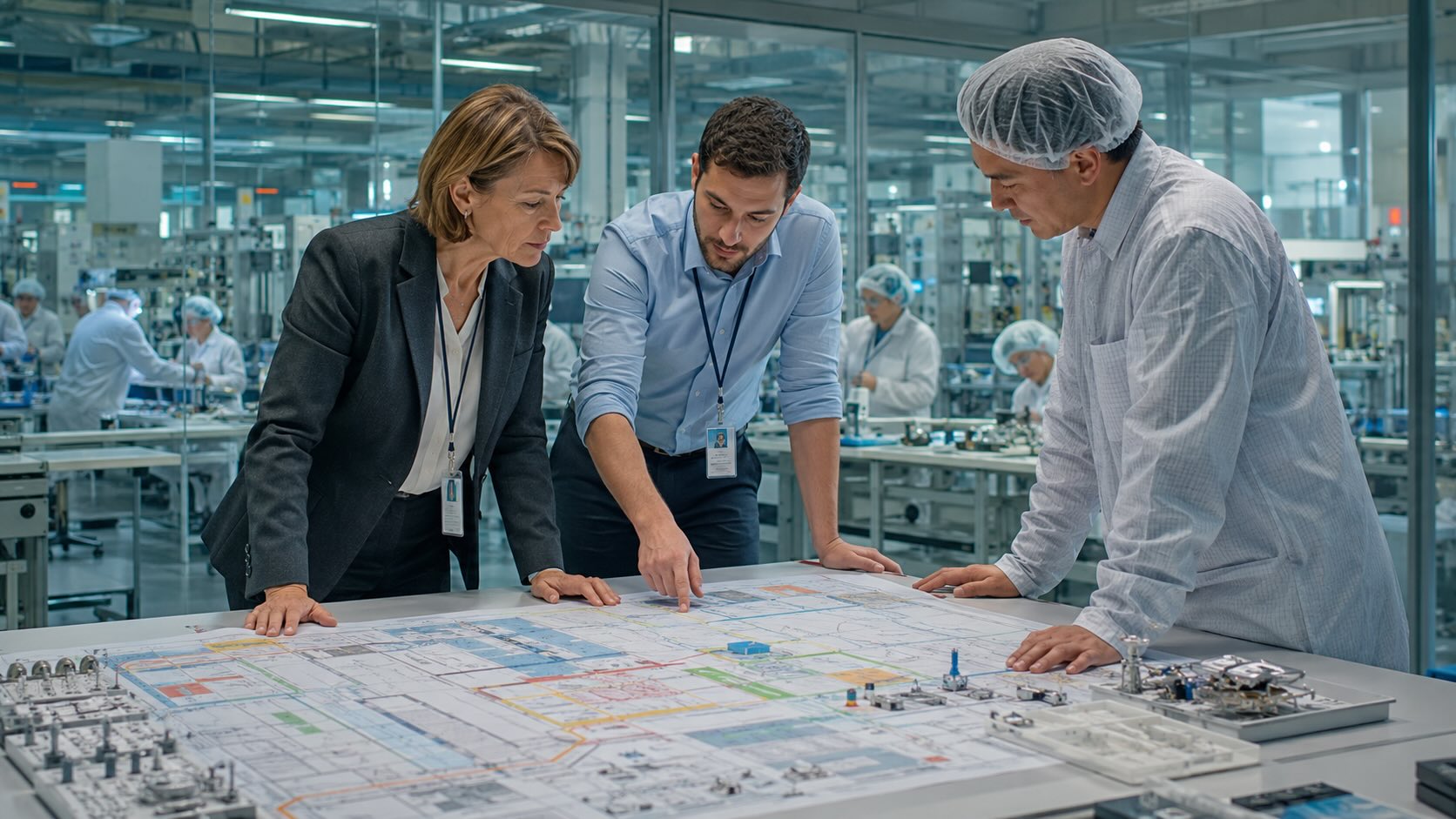 Руководители и инженеры обсуждают перенос производственных линий Boston Scientific на фоне сборки медицинских устройств