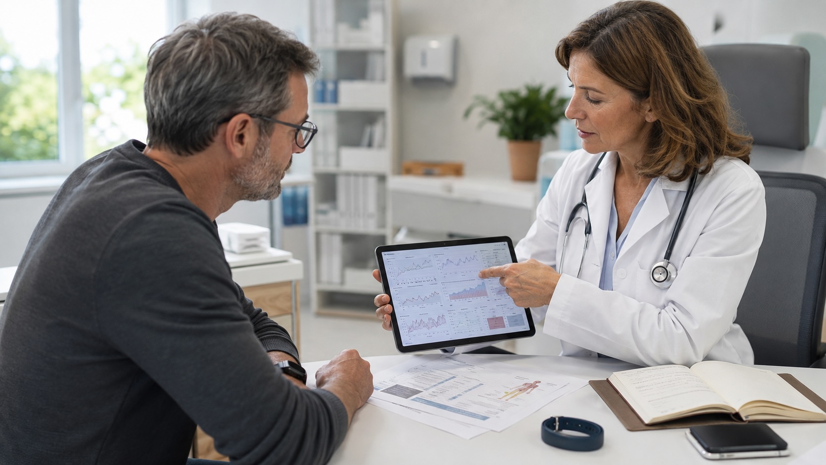 Врач и пациент изучают медицинские данные на планшете с помощью ChatGPT Health во время консультации в светлом кабинете