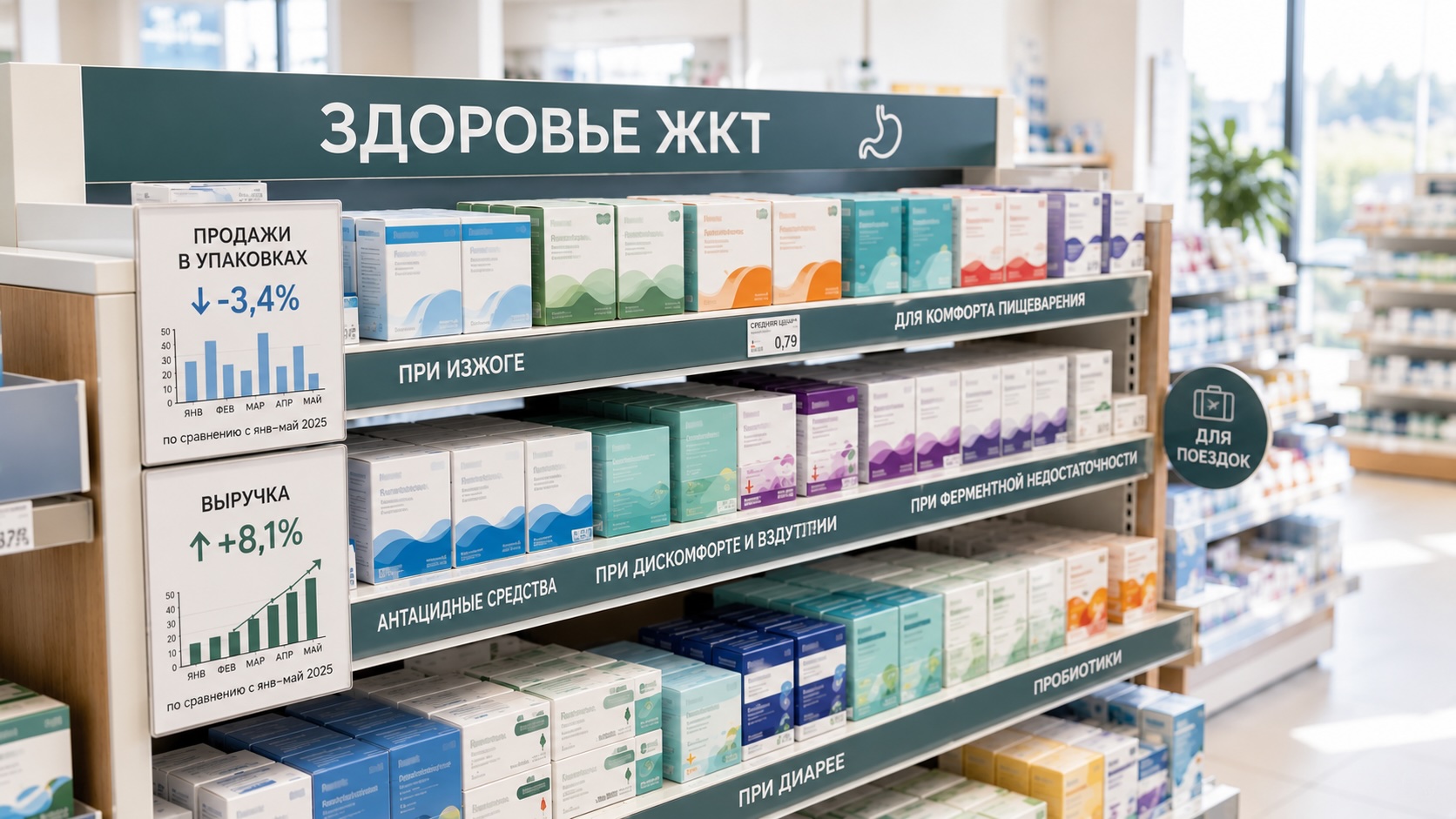 Современная аптечная полка с препаратами для ЖКТ и инфографикой о снижении продаж в упаковках при росте денежного объема рынка препаратов ЖКТ.