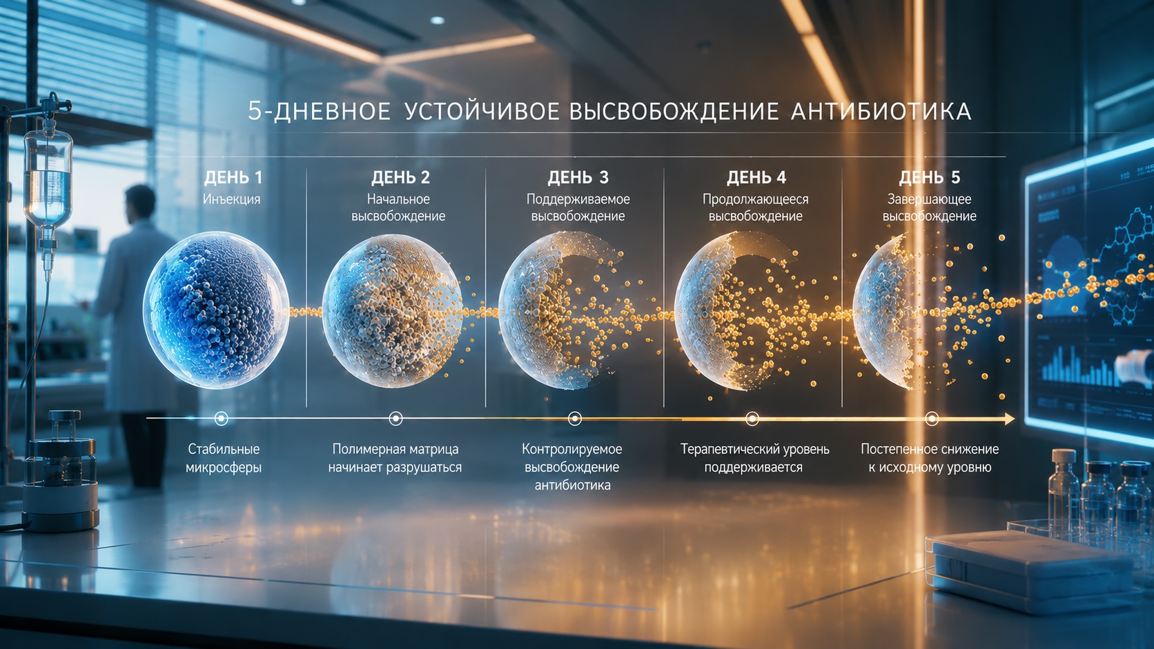 Инфографика пролонгированного высвобождения антибиотика из биоразлагаемых микрокапсул с постепенной доставкой препарата в течение пяти суток после одной инъекции