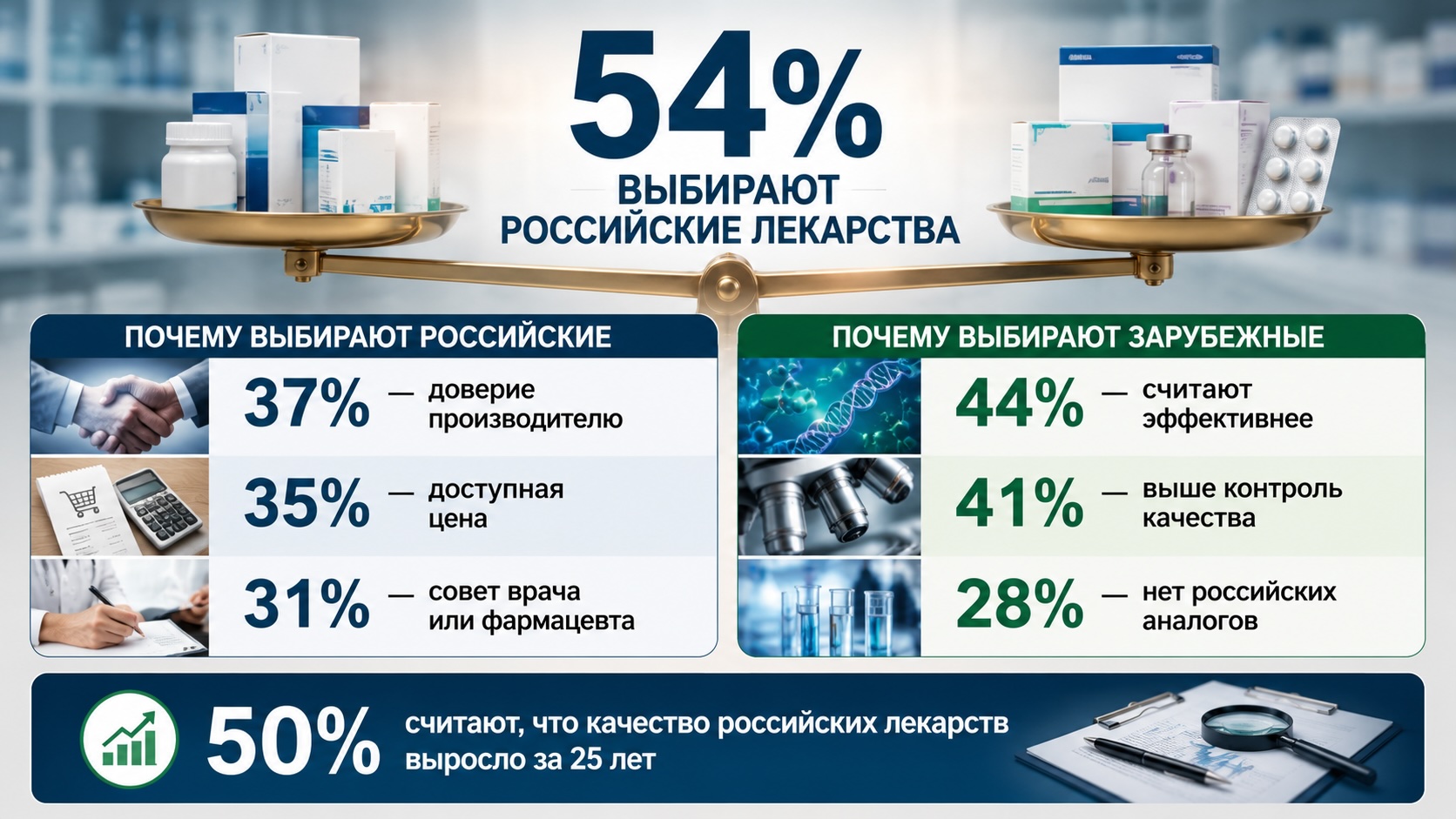 Почему россияне выбирают российские и зарубежные лекарства Инфографика о выборе российских и зарубежных лекарств: доверие, цена, эффективность и восприятие контроля качества.