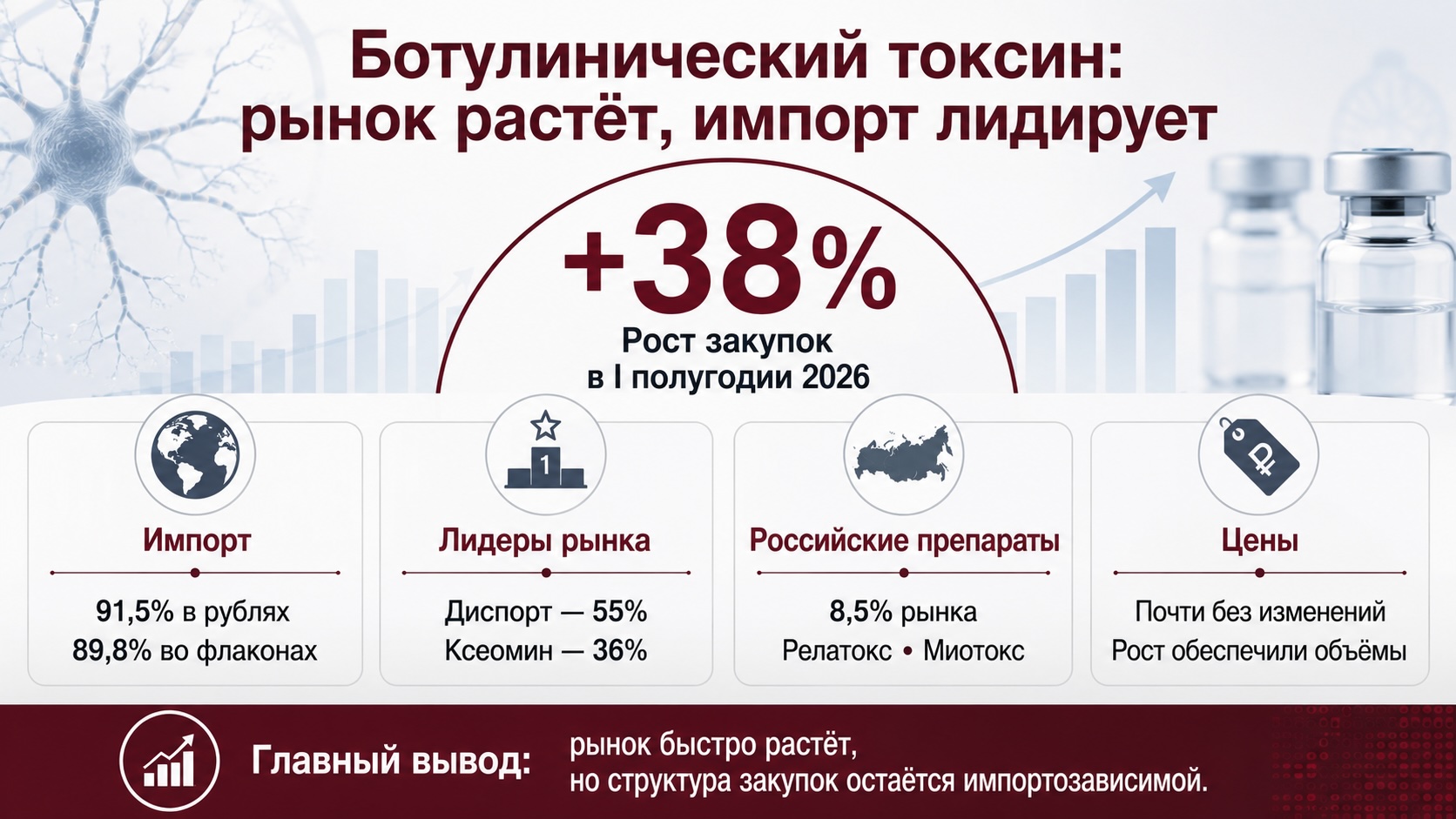Инфографика о закупках ботулинического токсина в России за первое полугодие 2026 года: рост рынка на 38%, доминирование импортных препаратов и ключевые показатели.