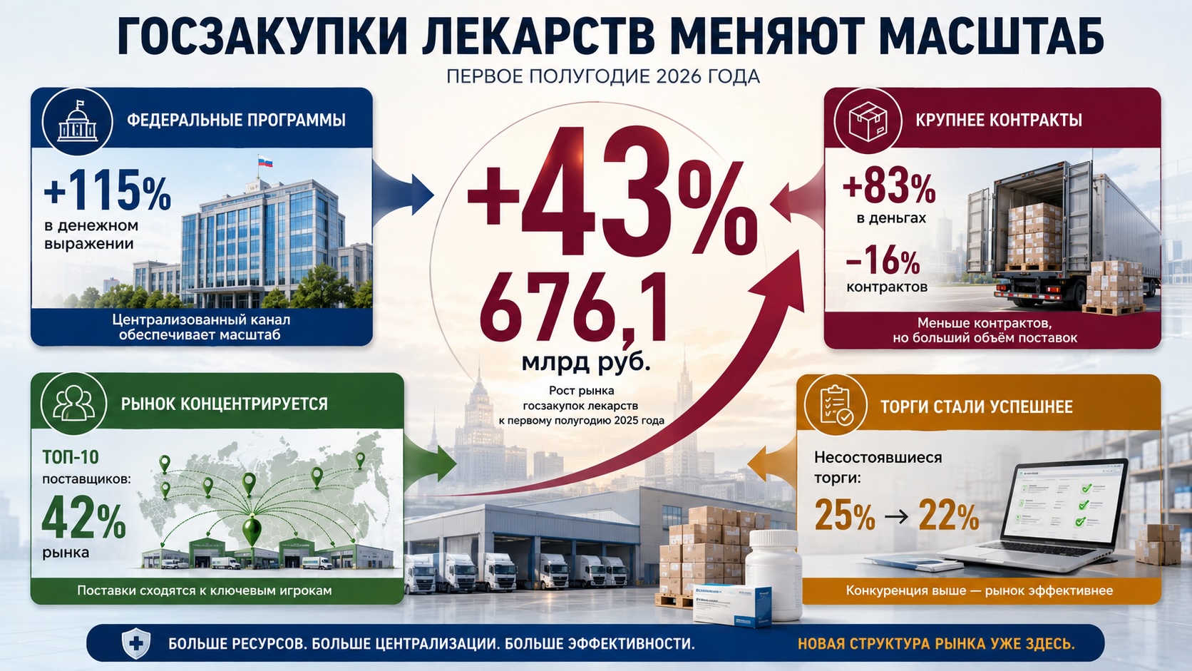 Инфографика о государственных закупках лекарств в России в первом полугодии 2026 года: рост рынка, федеральные программы, концентрация поставщиков и эффективность торгов.