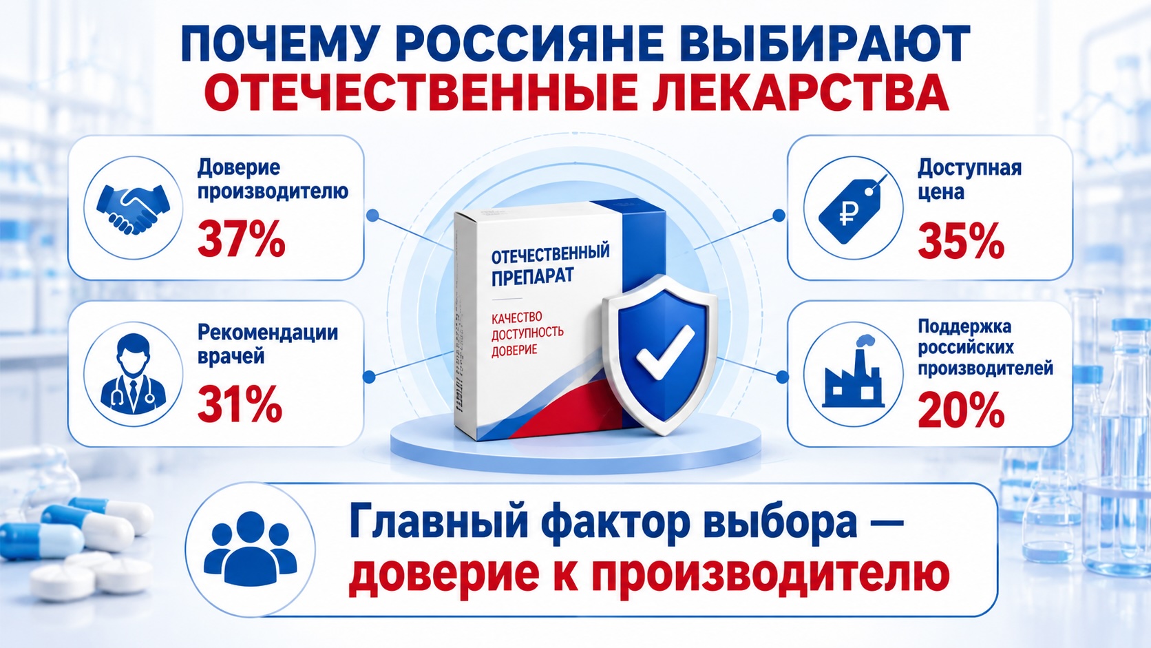Инфографика с основными причинами выбора отечественных лекарств россиянами по данным исследования ВЦИОМ: доверие к производителю, цена и рекомендации врачей.