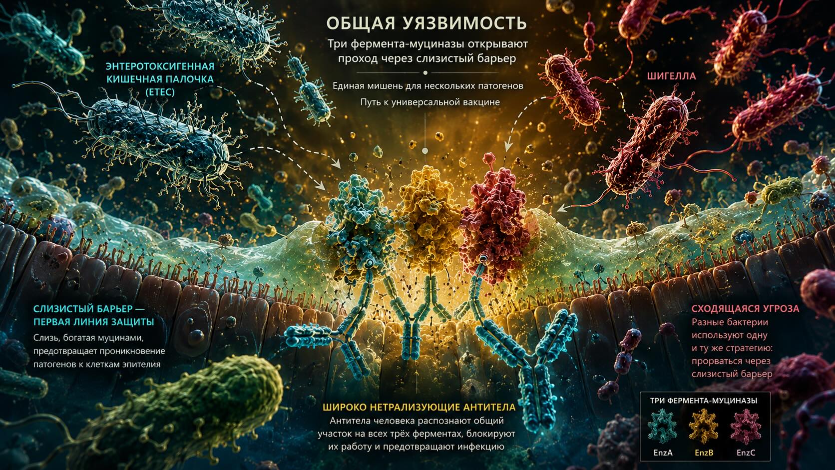 Инфографика показывает общую уязвимость бактерий ETEC и шигелл: антитела блокируют ферменты-муциназы, открывая путь к созданию универсальной вакцины против бактериальной диареи.