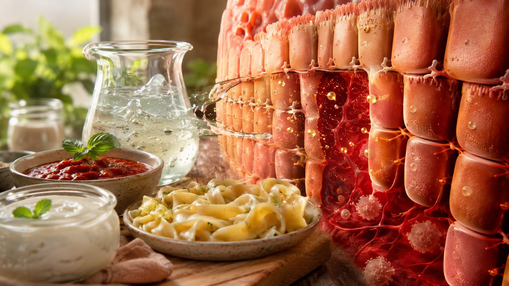 Ксантановая камедь в продуктах рядом с метафорой кишечного барьера, между клетками которого проходят частицы и возникают признаки воспаления