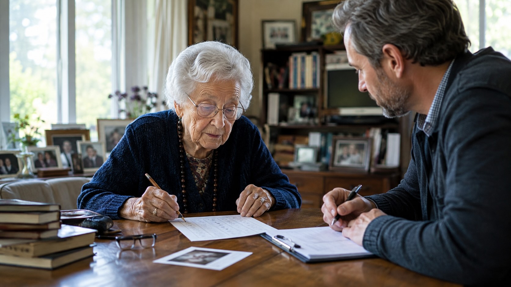 Деменция после 90 лет Женщина старше 90 лет проходит когнитивное обследование дома в рамках исследования риска деменции и старения мозга