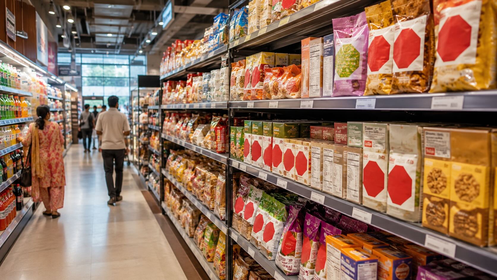 Маркировка продуктов в индийском супермаркете: упаковки с красными предупреждениями и таблицами пищевой ценности на полках