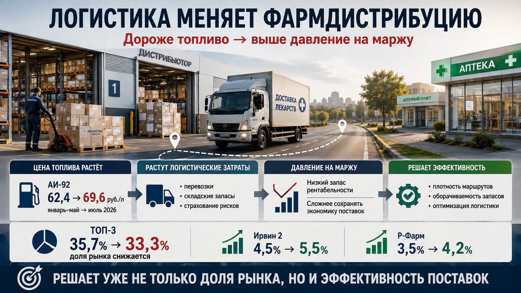 Фармдистрибуция России в 2026 году: рост стоимости топлива, снижение доли ТОП-3 и усиление «Ирвин 2» и «Р-Фарм».