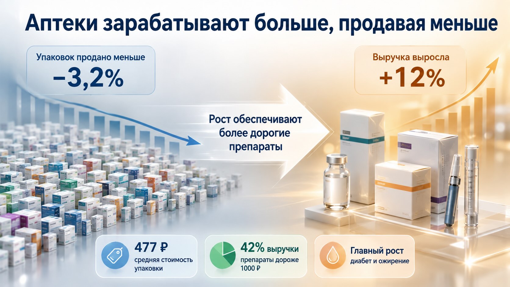 Инфографика о росте аптечного рынка России на 12% при снижении продаж лекарств на 3,2% в упаковках