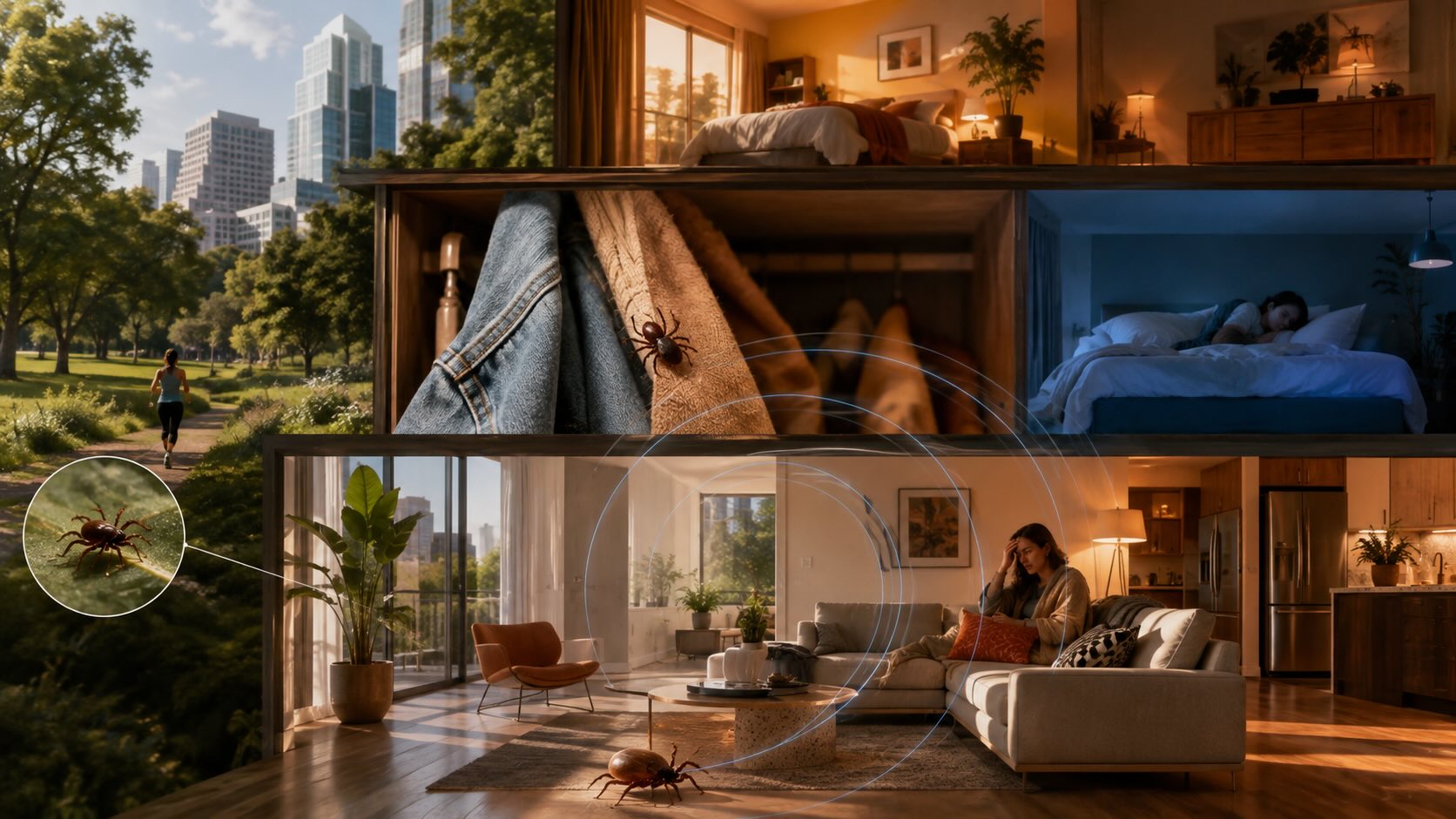 Мягкий клещ проникает из городского парка в квартиру и символизирует риск мягкоклещевой возвратной лихорадки в жилой среде