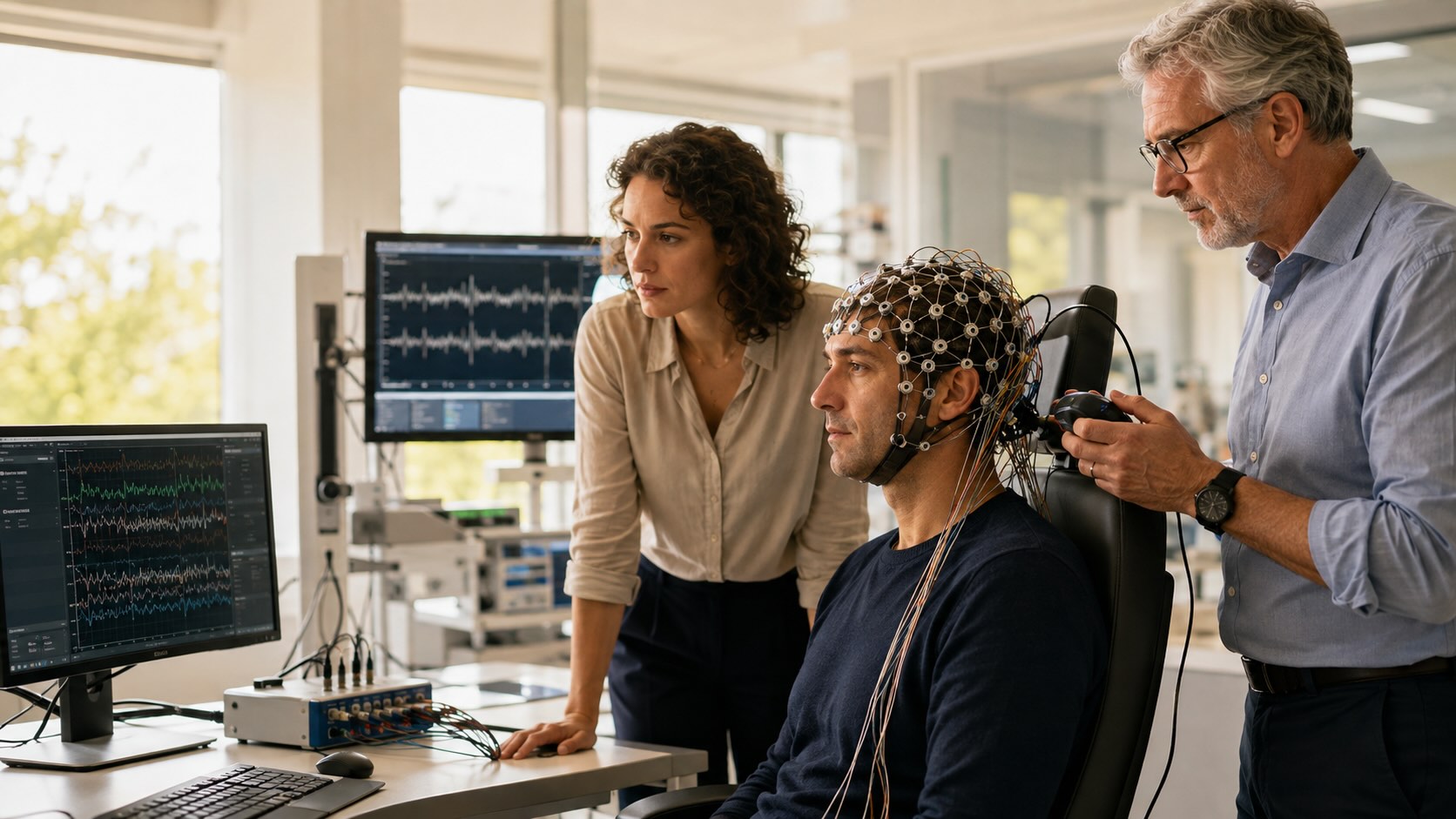 Исследователи проводят стимуляцию мозга с высокоплотной EEG, отслеживая состояние нейронных сетей перед подачей импульса