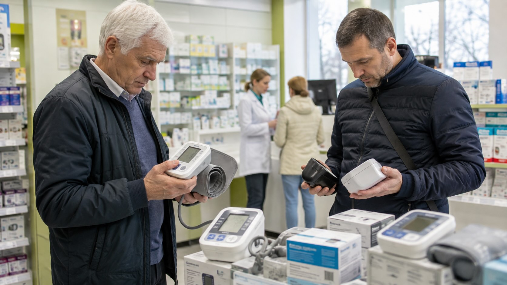 Покупатели сравнивают домашние тонометры в аптеке на фоне снижения спроса и изменения российского рынка медицинской техники