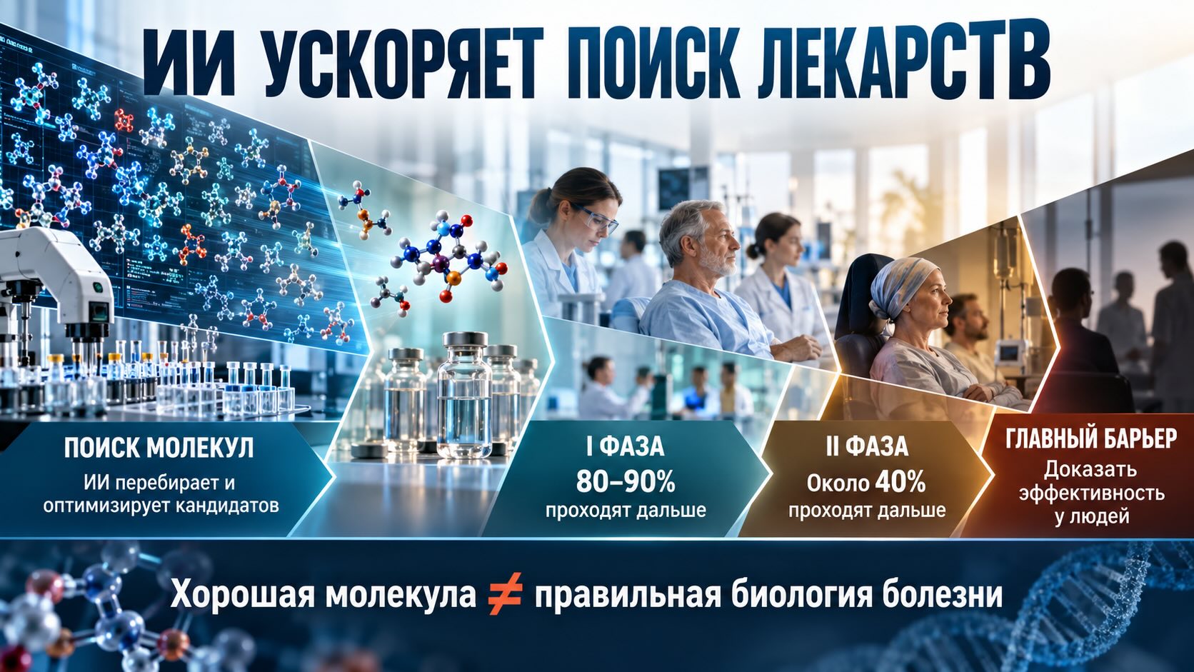 Инфографика о разработке лекарств с помощью ИИ: от ускоренного поиска молекул до главного барьера — эффективности у пациентов
