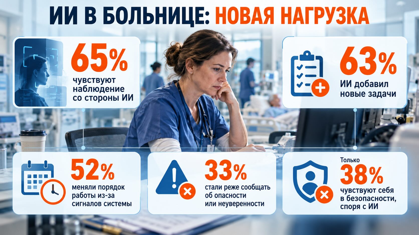 Как ИИ меняет нагрузку, контроль и решения медсестёр в больницах Инфографика об ИИ в больницах: наблюдение за медсёстрами, дополнительная нагрузка, изменение работы и безопасность решений