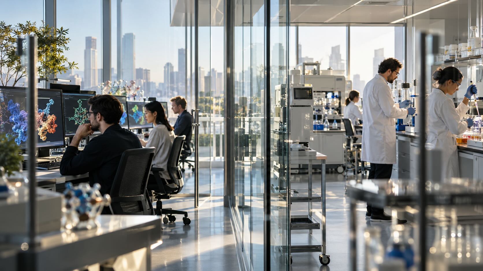 ИИ встречается с биологией Исследователи Anew Labs соединяют ИИ-разработку лекарств с экспериментальной биологией в современной биотехнологической лаборатории