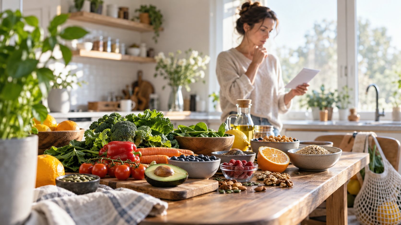 Женщина на светлой кухне рядом с продуктами, богатыми антиоксидантами; питание изучается как возможный фактор при раке шейки матки