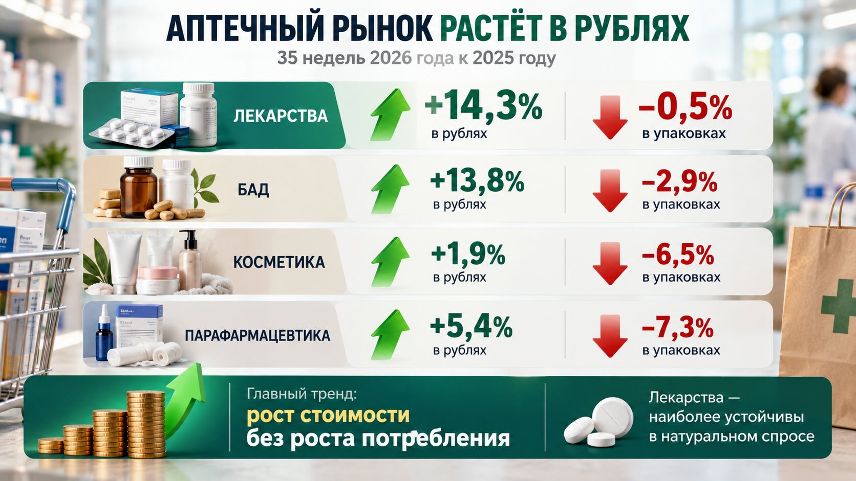 Инфографика аптечного рынка России: динамика продаж лекарств, БАД, косметики и парафармацевтики в рублях и упаковках