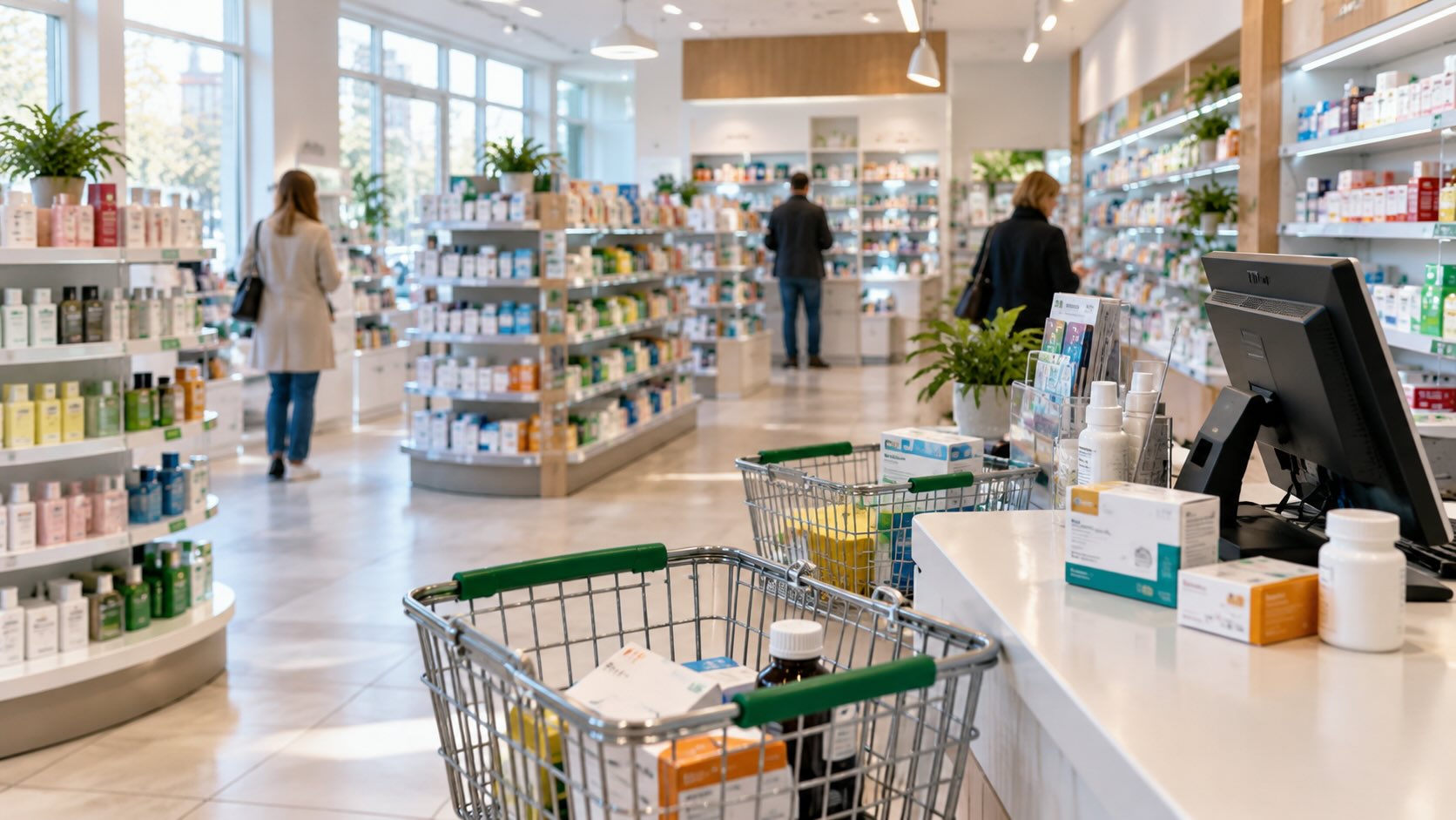 Современная городская аптека с заполненными полками и небольшим числом покупателей на фоне снижения продаж аптечного рынка России в упаковках