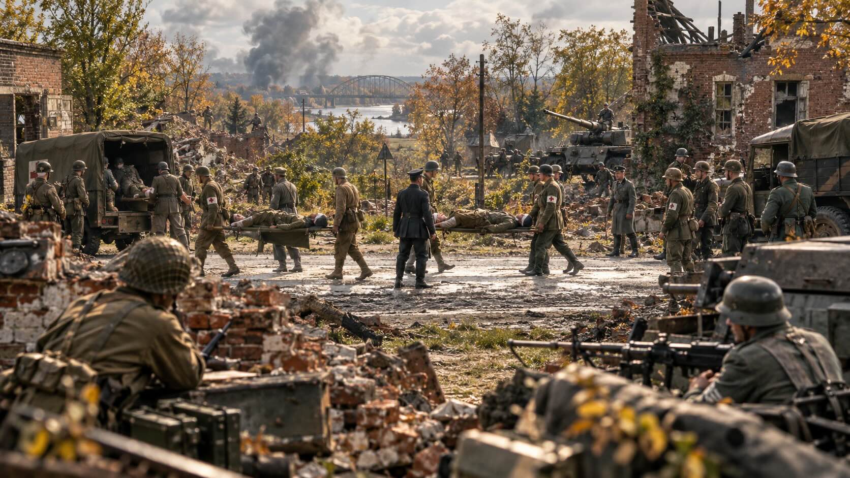 Перемирие под Арнемом в 1944 году: британские и немецкие медики эвакуируют раненых через временно затихший участок фронта