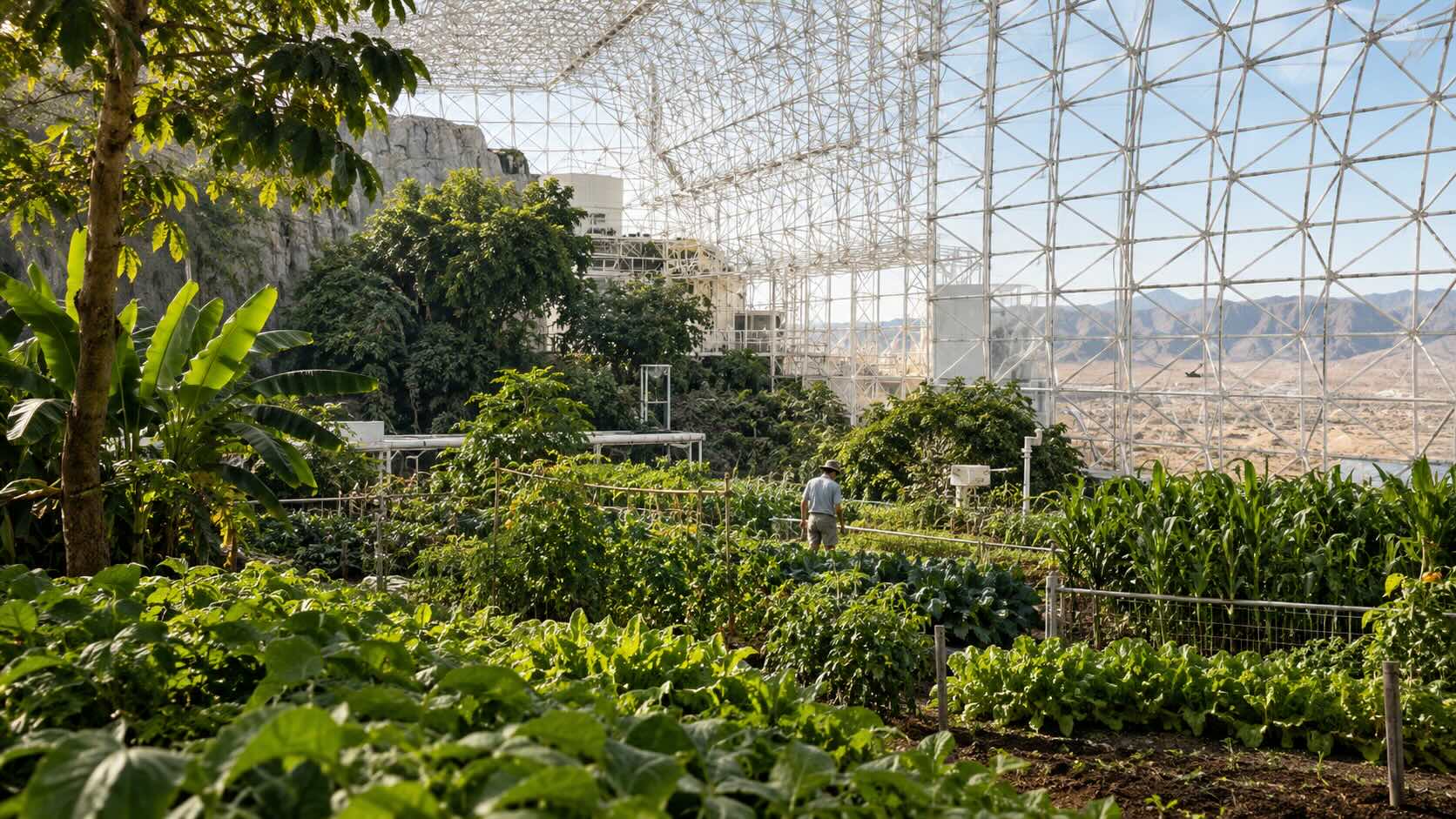 Внутри Biosphere 2: растения и сельскохозяйственные культуры под герметичной стеклянной конструкцией во время двухлетней миссии