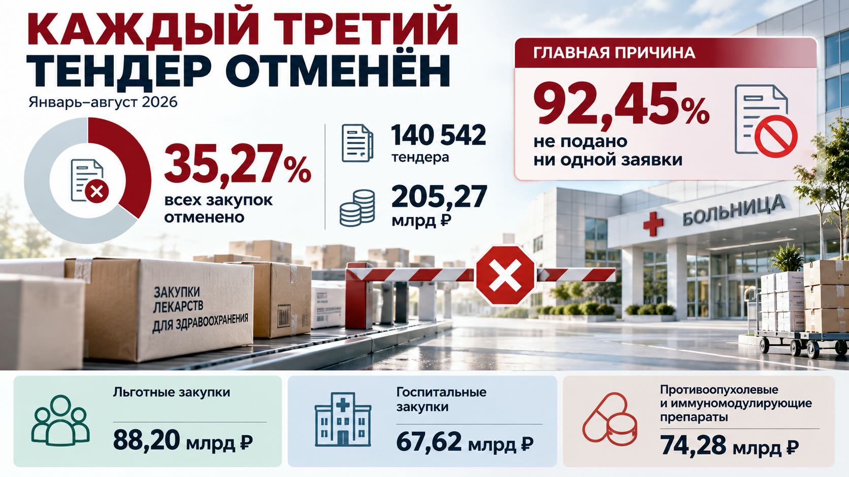 Инфографика об отменённых лекарственных тендерах: 35,27% закупок отменено, а в 92,45% случаев не поступило ни одной заявки.