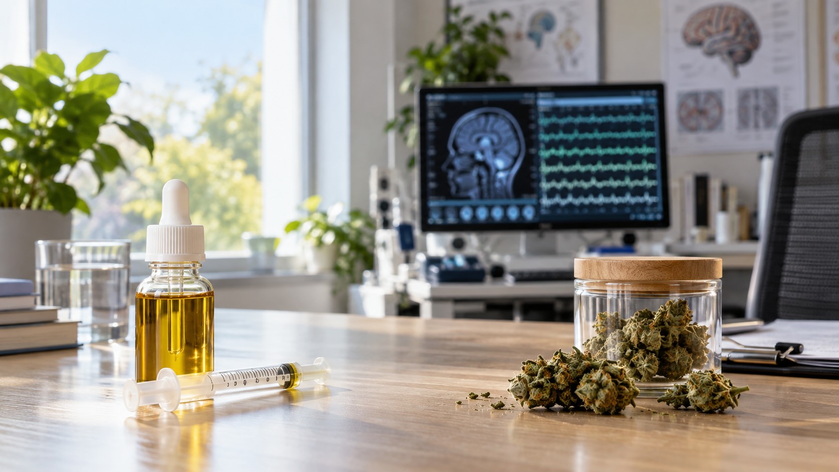 Лекарственный CBD и растительный каннабис на столе в кабинете невролога на фоне ЭЭГ — различие между каннабидиолом и каннабисом при эпилепсии