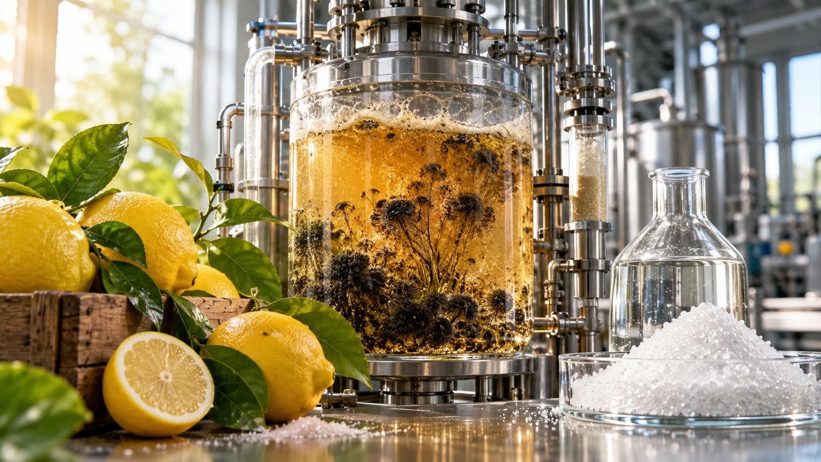 Производство лимонной кислоты: лимоны, ферментер с культурой Aspergillus niger и кристаллы готовой лимонной кислоты