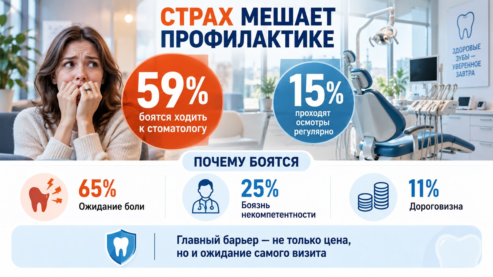 Инфографика о страхе стоматолога в России: 59% боятся визита, а регулярные профилактические осмотры проходят лишь 15%