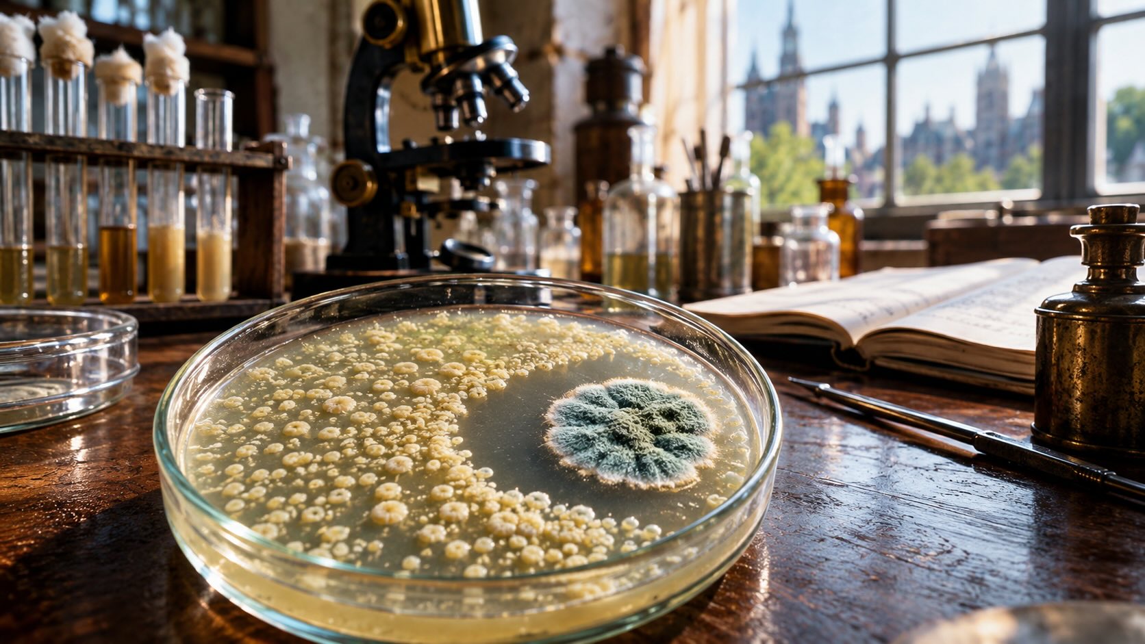 Чашка Петри с плесенью Penicillium и зоной подавления бактерий в лаборатории 1920-х — визуальная история открытия пенициллина Александром Флемингом