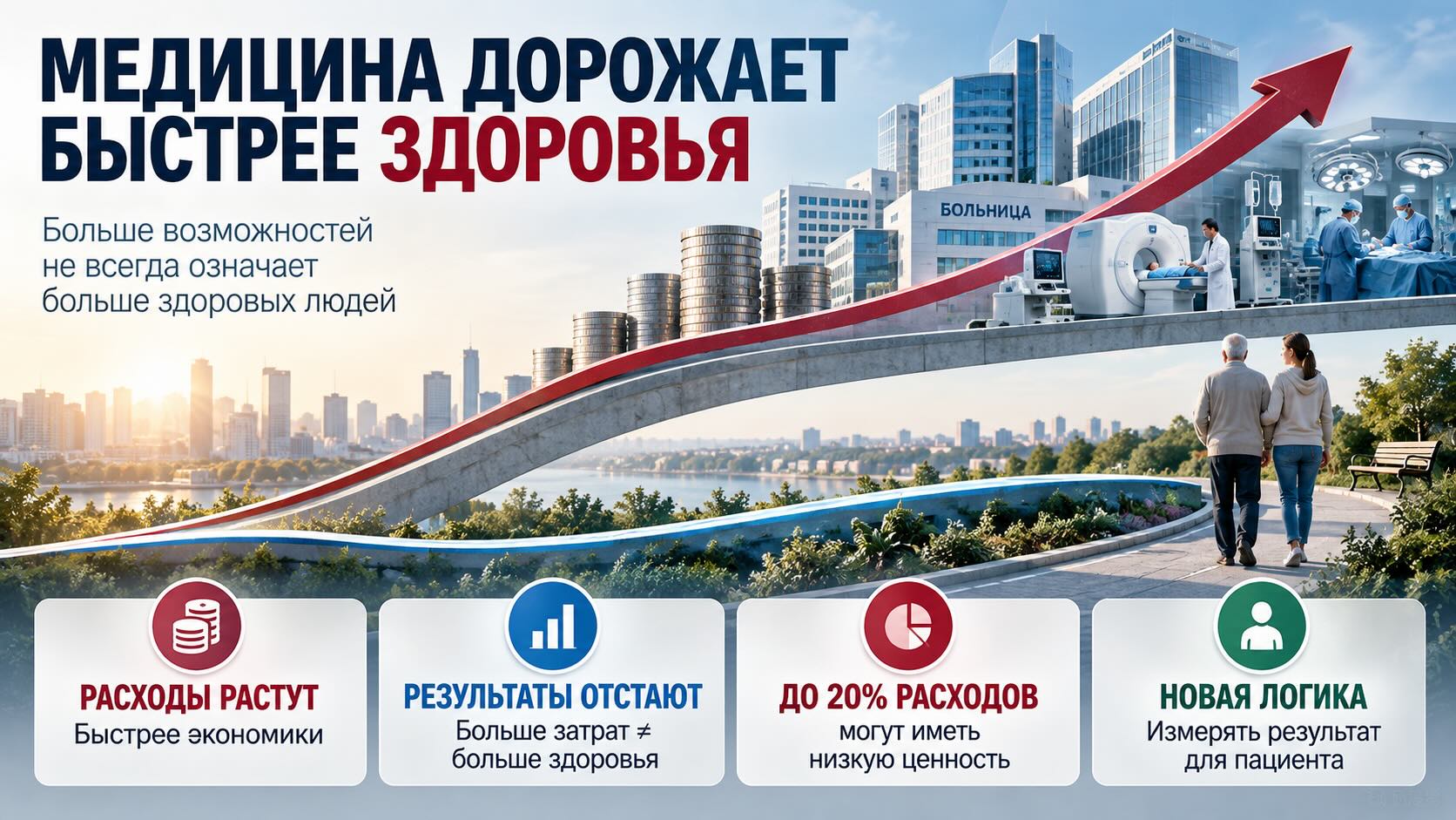 Почему рост расходов на здравоохранение не гарантирует улучшения здоровья Инфографика о росте расходов на здравоохранение, отставании результатов и переходе к оценке пользы лечения для пациента
