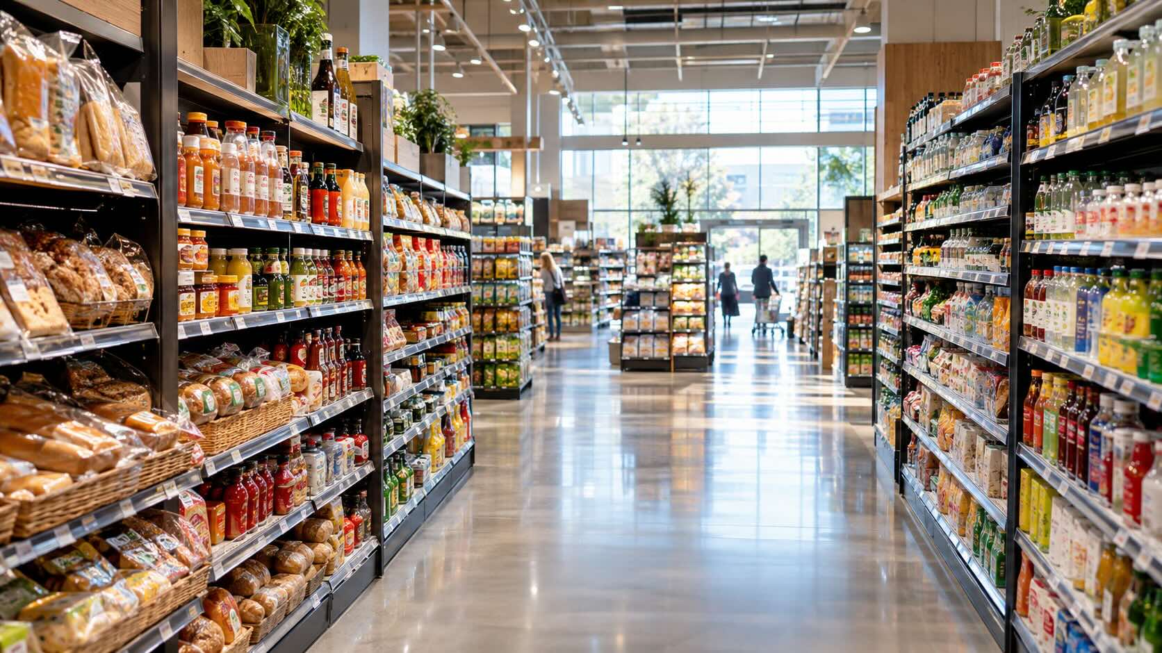 Полки современного супермаркета с хлебом, соусами, напитками и другими продуктами — выбор между ними влияет на качество питания и здоровье населения