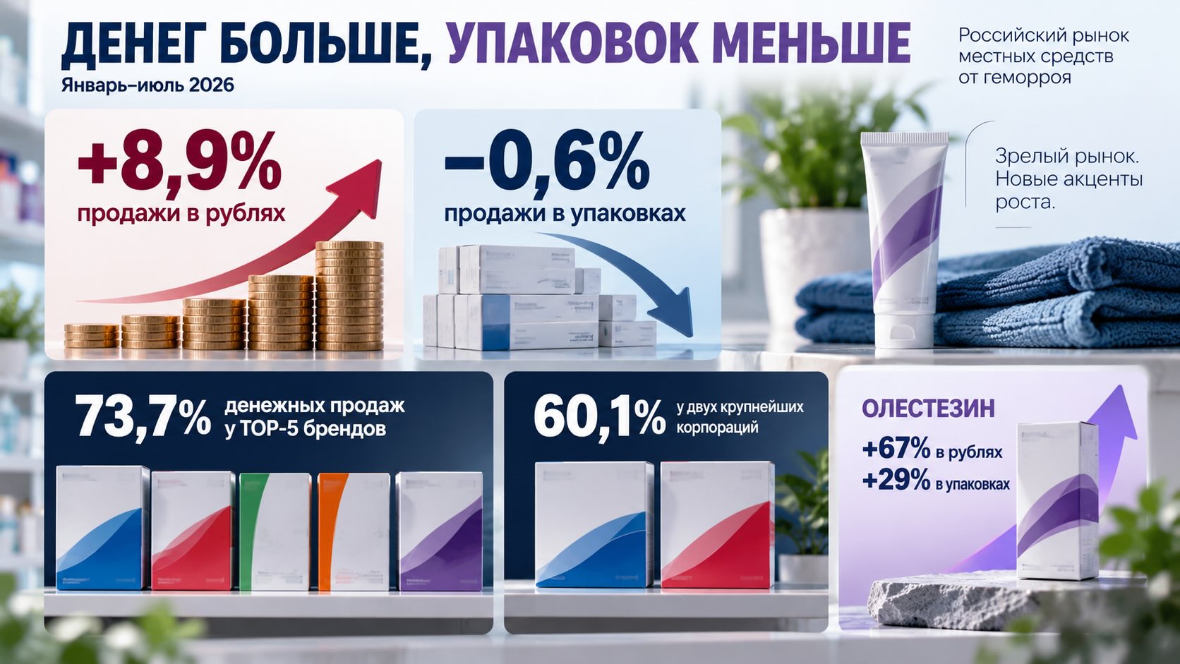 Инфографика рынка средств от геморроя в России: продажи выросли на 8,9% в рублях при снижении на 0,6% в упаковках.