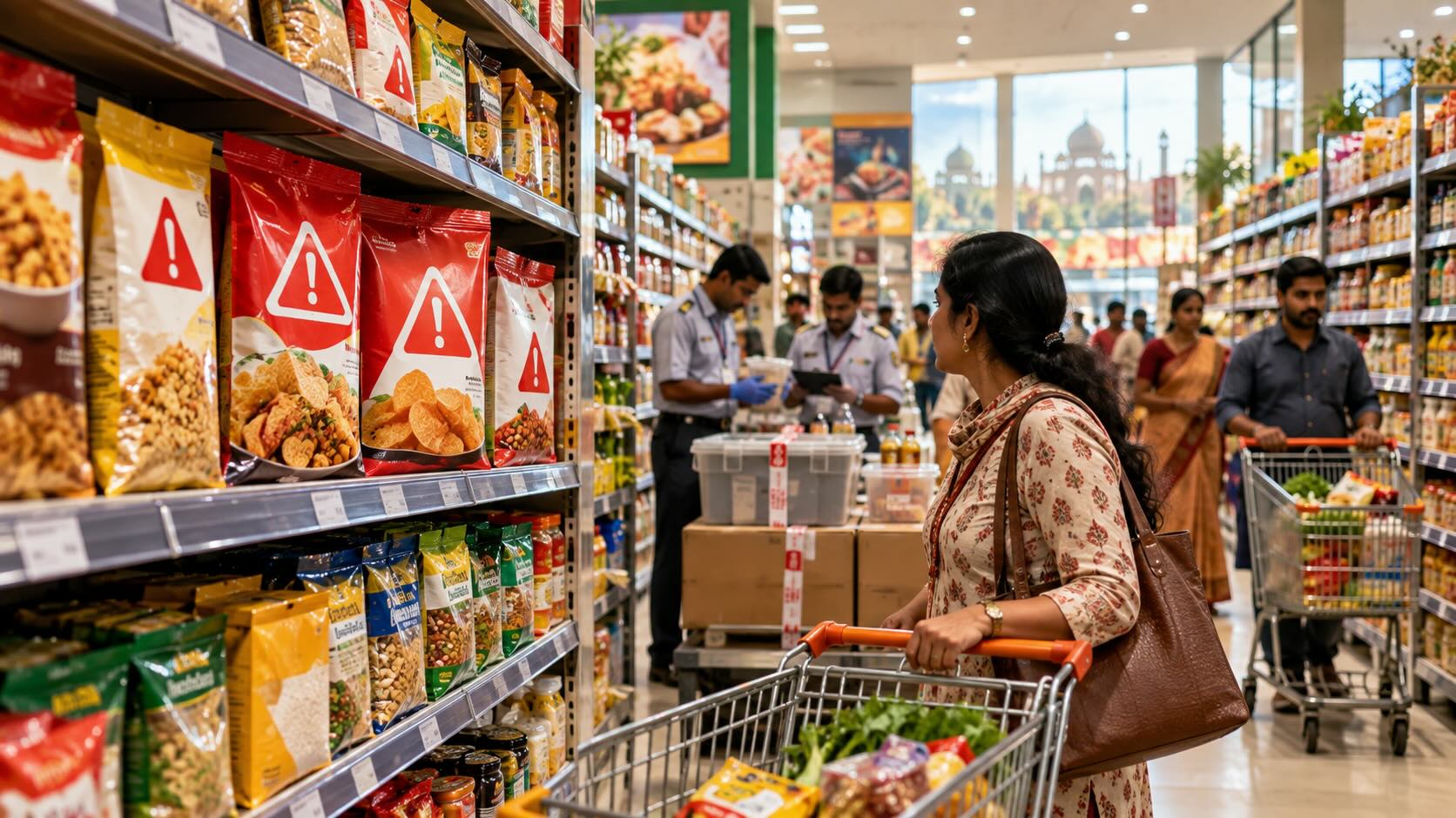 Покупатели в индийском супермаркете рядом с продуктами с предупреждающей маркировкой во время проверки безопасности пищевой продукции