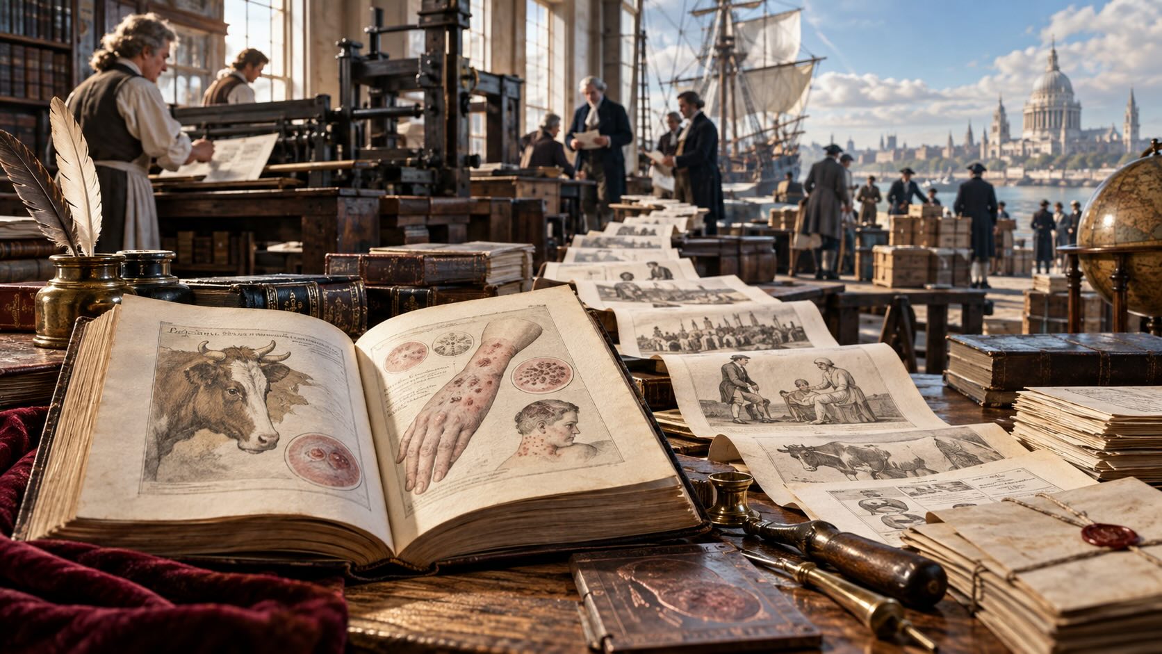 Книга Эдварда Дженнера 1798 года о вакцинации против оспы среди печатных листов, медицинских иллюстраций и инструментов эпохи