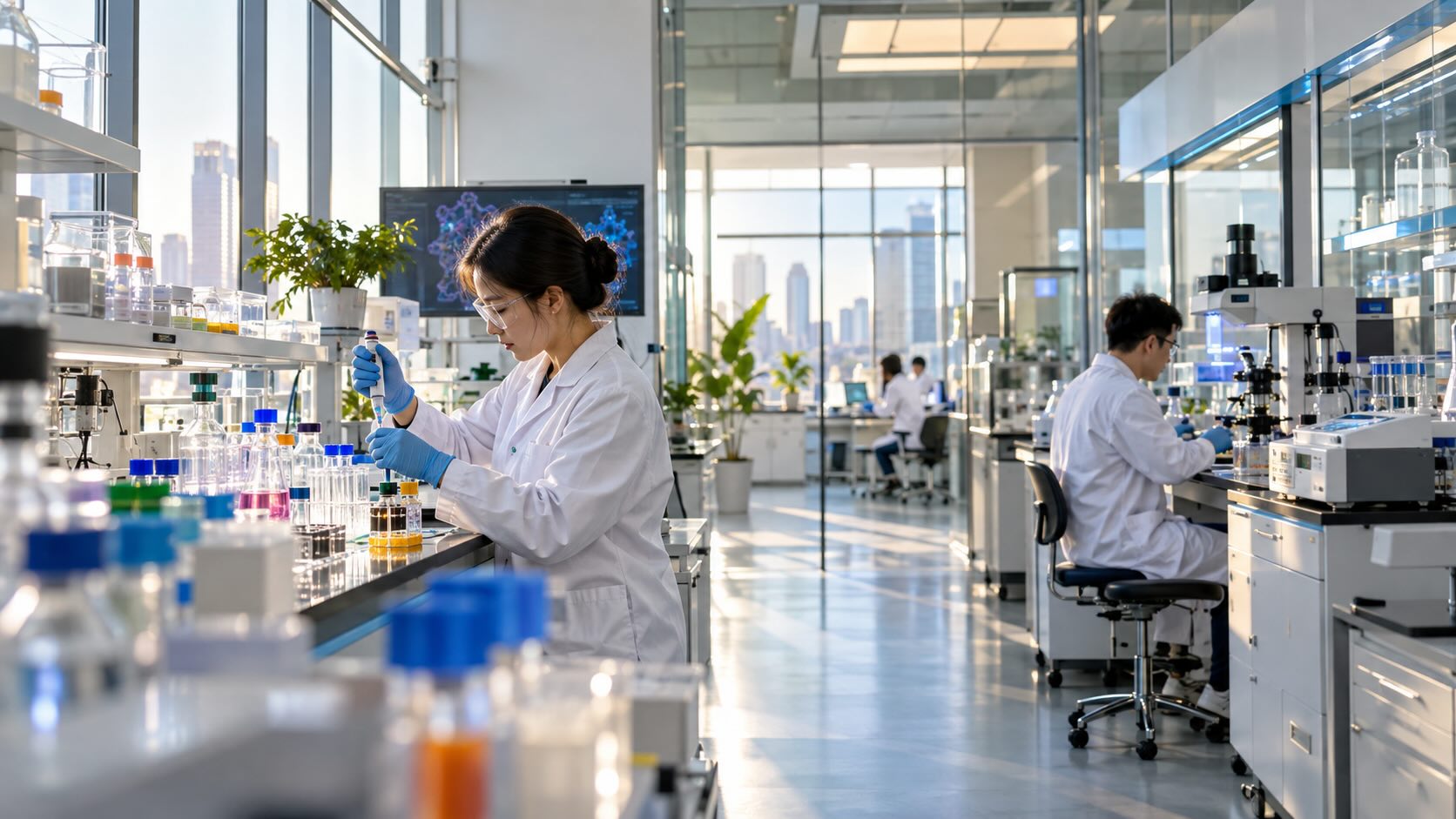 Исследователи в современной биотехнологической лаборатории: Lilly и InnoCare начинают поиск препаратов против пяти потенциальных мишеней