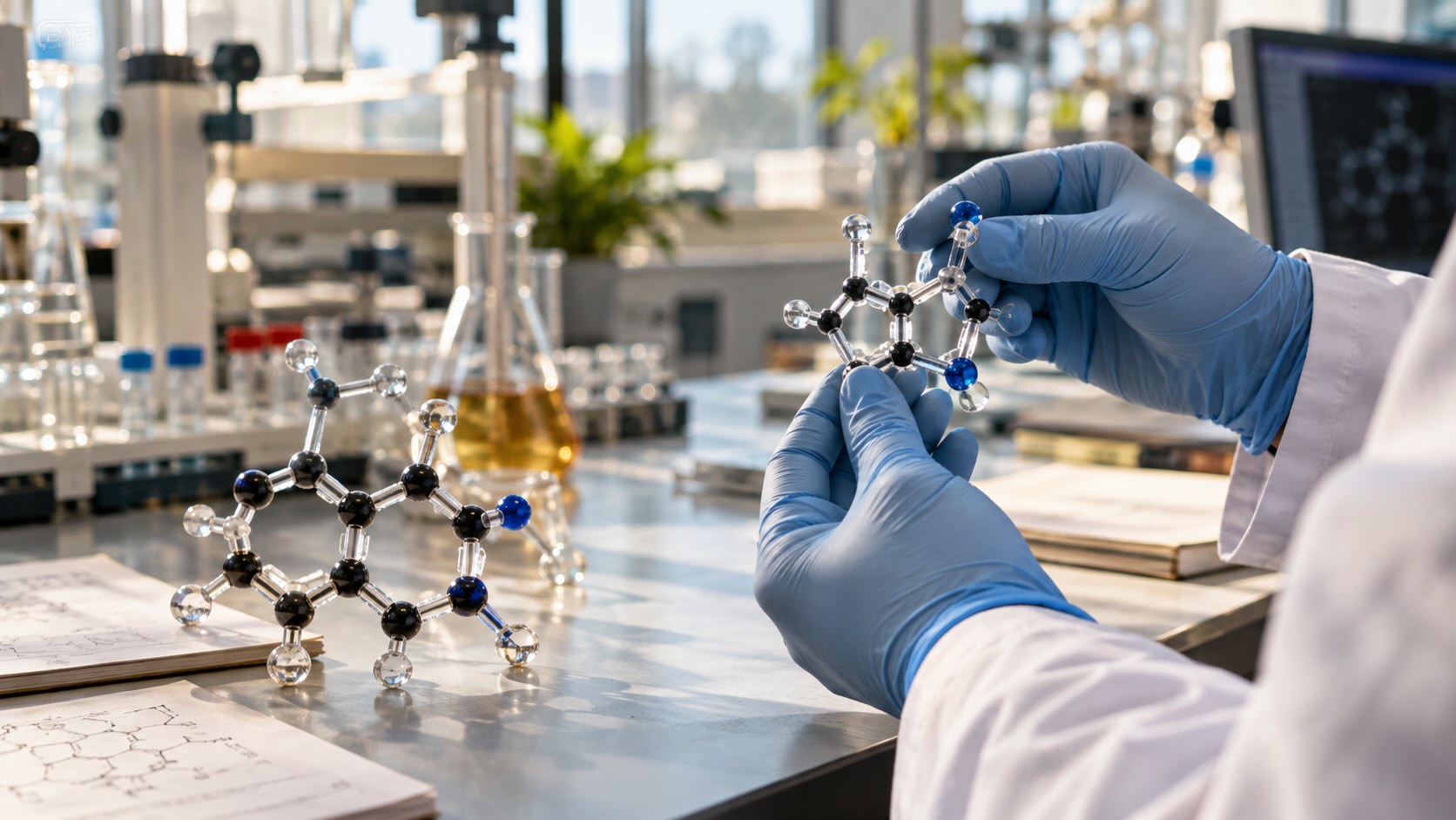 Химик изучает молекулярную модель аналога ЛСД в лаборатории medicinal chemistry, где исследовали изменение активности серотониновых рецепторов