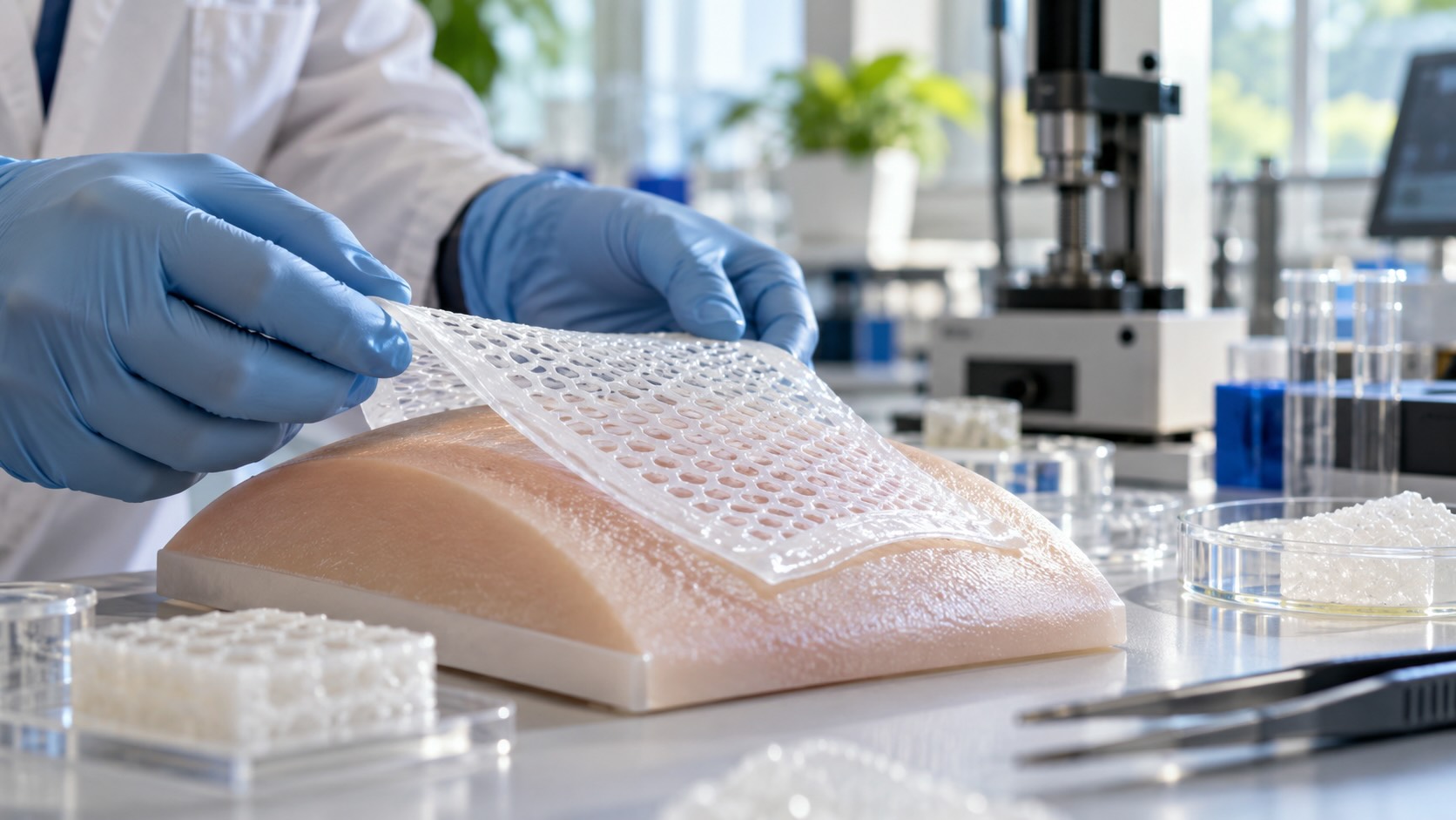 Исследователь проверяет гибкость 3D-печатной повязки МИСИС для пациентов с буллёзным эпидермолизом на модели кожи