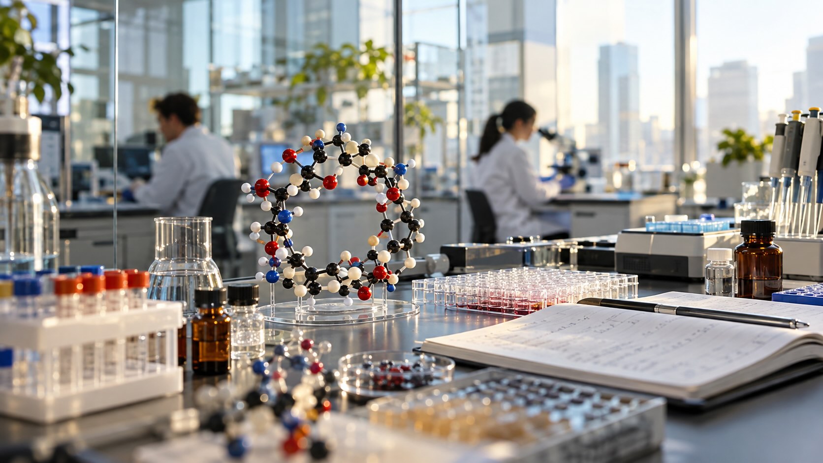 Макроциклы вместо инъекций Исследование пероральных макроциклов: кольцевая молекулярная модель в лаборатории на фоне работы ученых