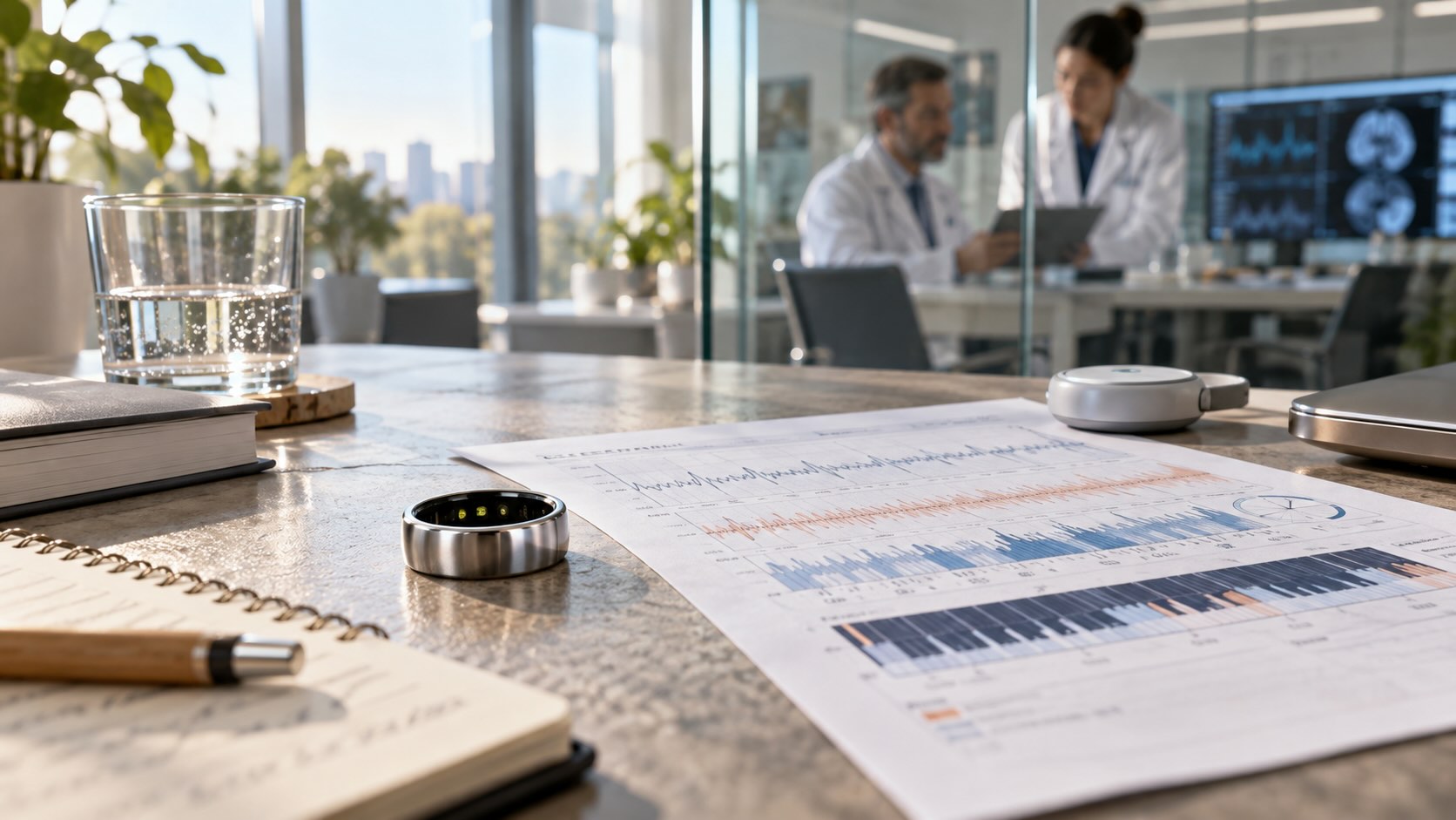 Oura входит в медицину Умное кольцо Oura рядом с отчетом физиологических данных в медицинской исследовательской среде на фоне работы специалистов