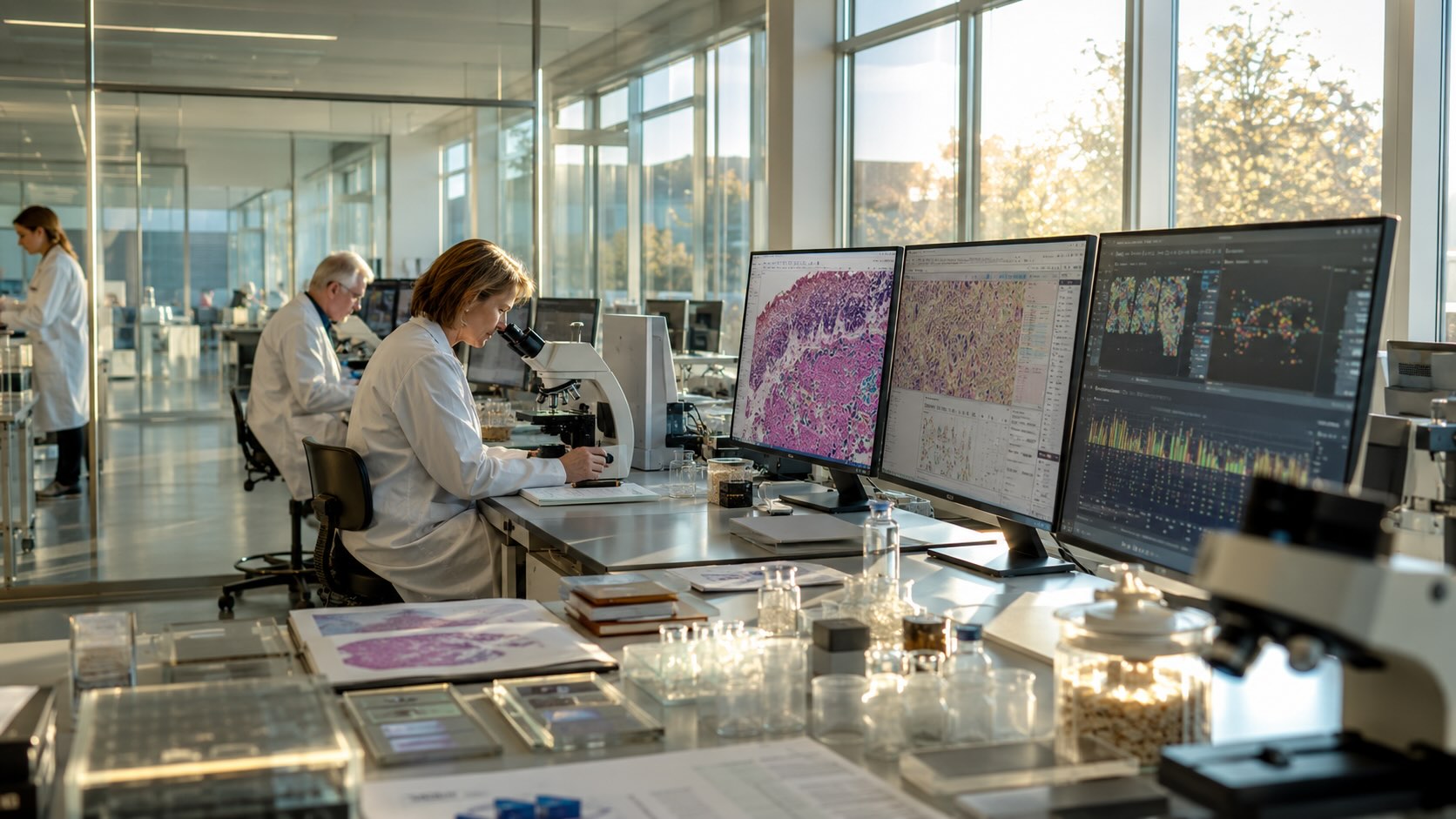 Исследователи анализируют патологические изображения и молекулярные данные в современной лаборатории для поиска лекарственных мишеней с помощью ИИ