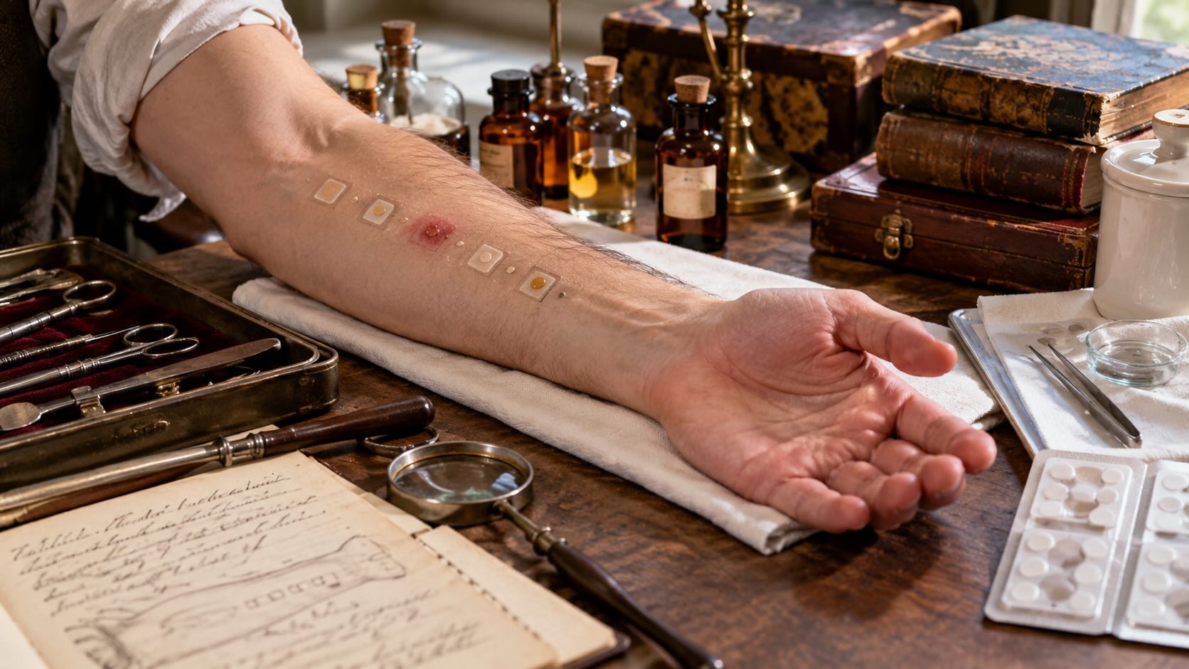 Аппликационная кожная проба patch test: тестовые участки на предплечье, один с реакцией, среди медицинских инструментов и флаконов эпохи Ядассона