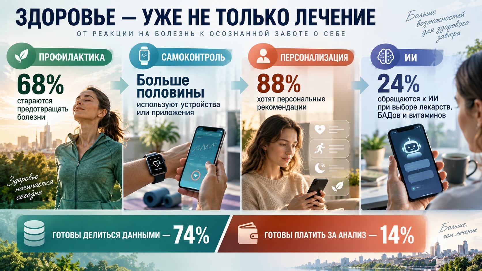 Инфографика о проактивном здоровье в России: профилактика, самоконтроль, персонализация и использование ИИ при выборе товаров