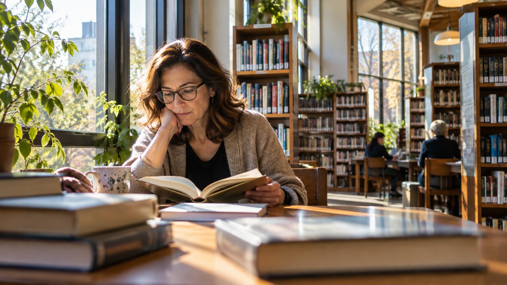 Женщина читает книгу в светлой библиотеке — чтение и здоровье мозга связывают с памятью, вниманием и когнитивными функциями