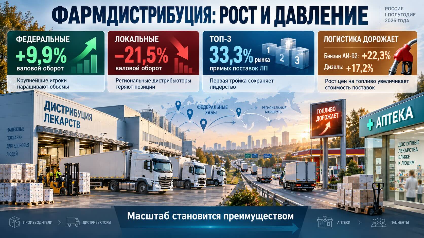 Инфографика о фармдистрибуции России: рост федеральных игроков, снижение локальных и удорожание логистики в 2026 году