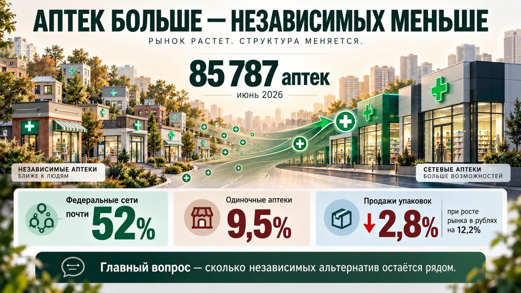 Как федеральные сети меняют структуру аптечного рынка России Инфографика о консолидации аптечного рынка России: 85 787 аптек, почти 52% точек принадлежат федеральным сетям